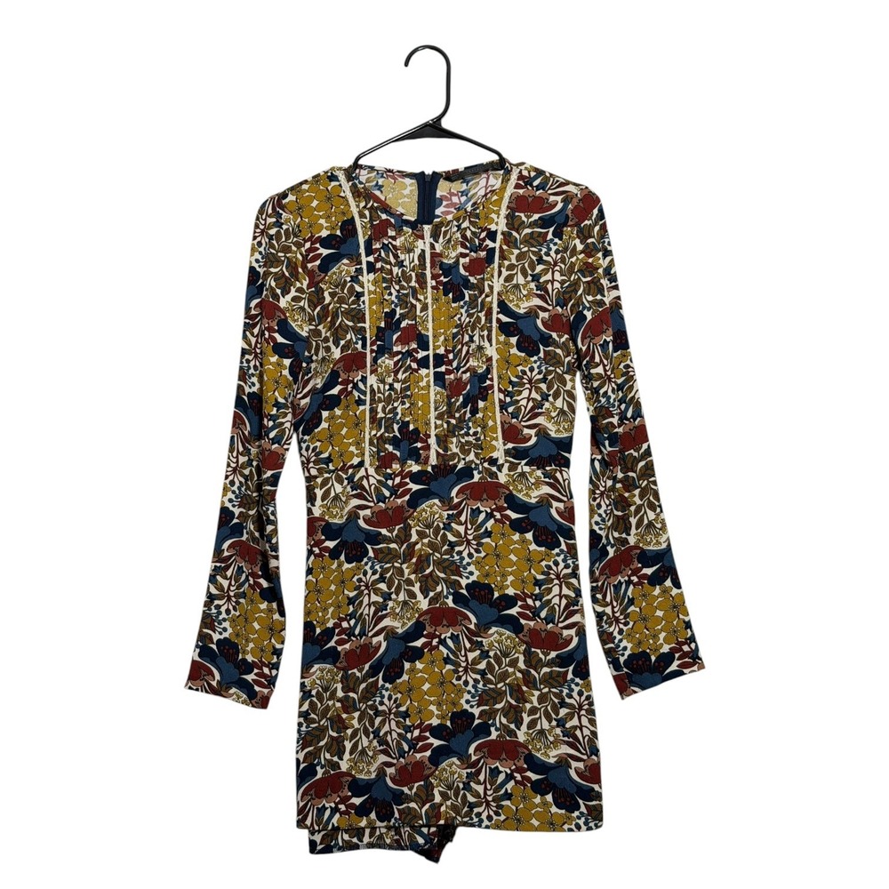 Zara Trafaluc Boho 70s Style Floral Long Sleeve Romper Lace Trim Multi Womens XS